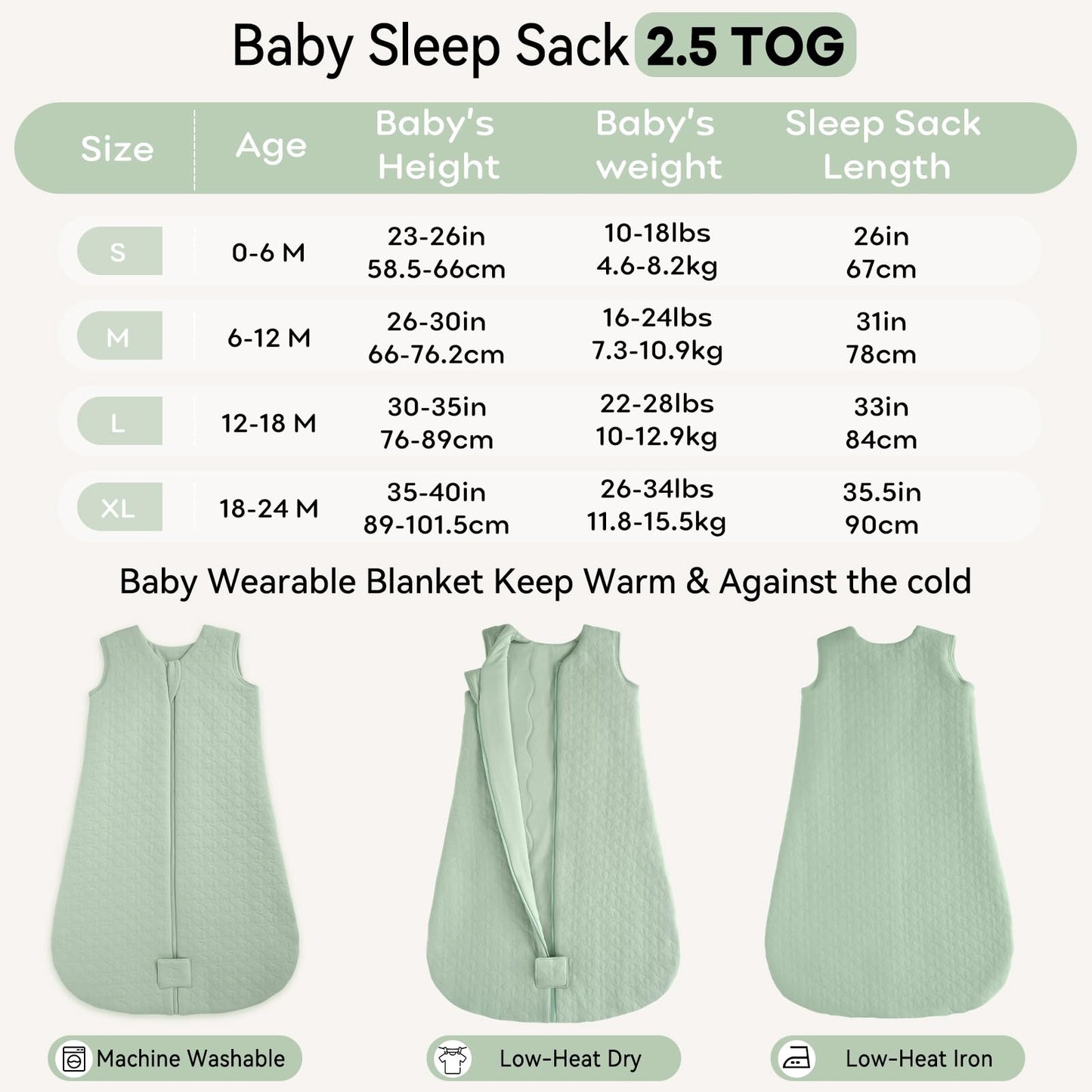 Unnivoll Baby Sleeping Bag 2.5 Tog 12-18 Months 100% Cotton Winter Sleeping Bag Baby 2-Way Zipper Quilted Sleep Sack for Newbron Infant Warm Soft Green