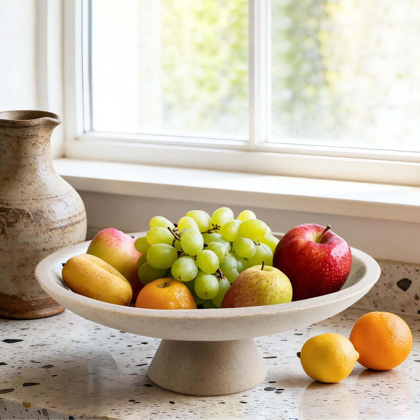 Plukers Large Modern Decorative Bowl for Home Decor Fruit Organic Catch All Key Kitchen Entryway Shelf Coffee Table With Pedestal,Artificial Stone Beige