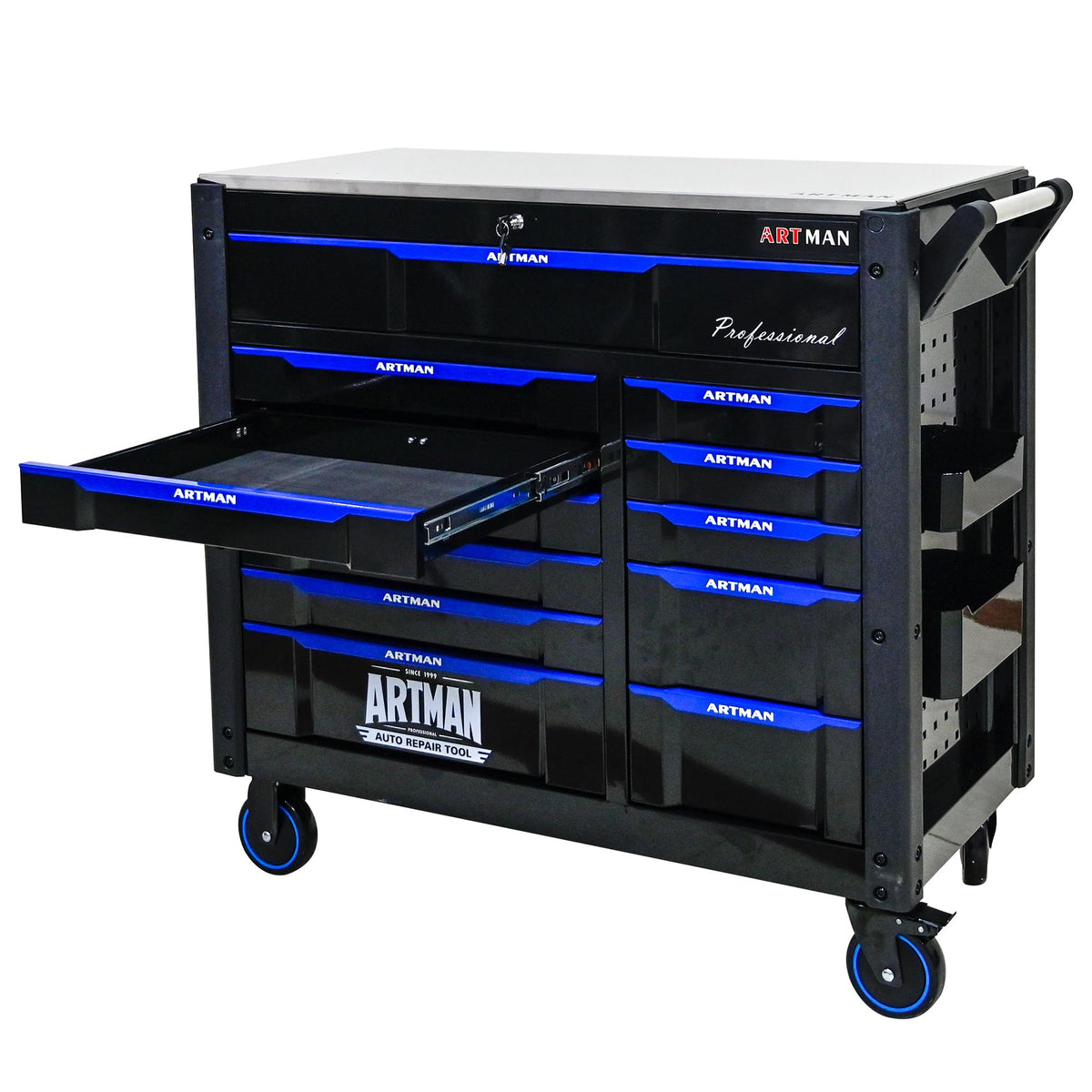 KEIKI 12 Drawer Rolling Tool Cart with Wooden Top, Metal Tool Cabinet with Wheels and Handle, Heavy Duty Storage Organizer for Garage Workshop (Black&Blue)