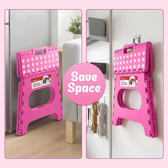 ACSTEP Folding Step Stool 11 Inch, Sturdy Plastic Foldable Step Stool for Kids & Adults, Non Slip Lightweight Collapsible Foot Stools Holds 300 lbs, Ideal for Kitchen, Bathroom, Bedroom, Rose red