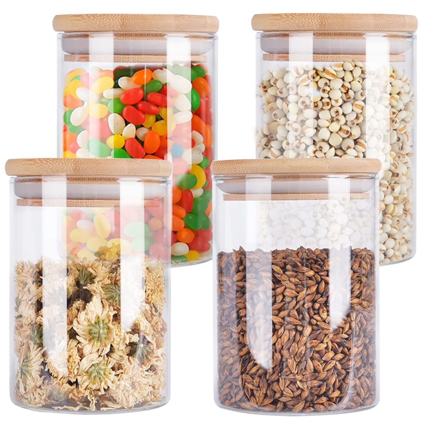 Aoeoe 4 Pack Glass Storage Jars with Airtight Bamboo Lid, 27 OZ Glass Kitchen Canisters, Clear Container for Coffee Bean Storage, Dry Goods, Cookie, Candy, Tea, Spices and More