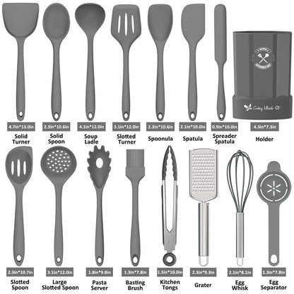 Silicone Kitchen Utensils Set, 16-Piece Silicone Cooking Utensils by Deedro, Heat Resistant Kitchen Tools Set with Holder, Nonstick Spatula Kitchen Gadgets for Cooking & Baking, Gray