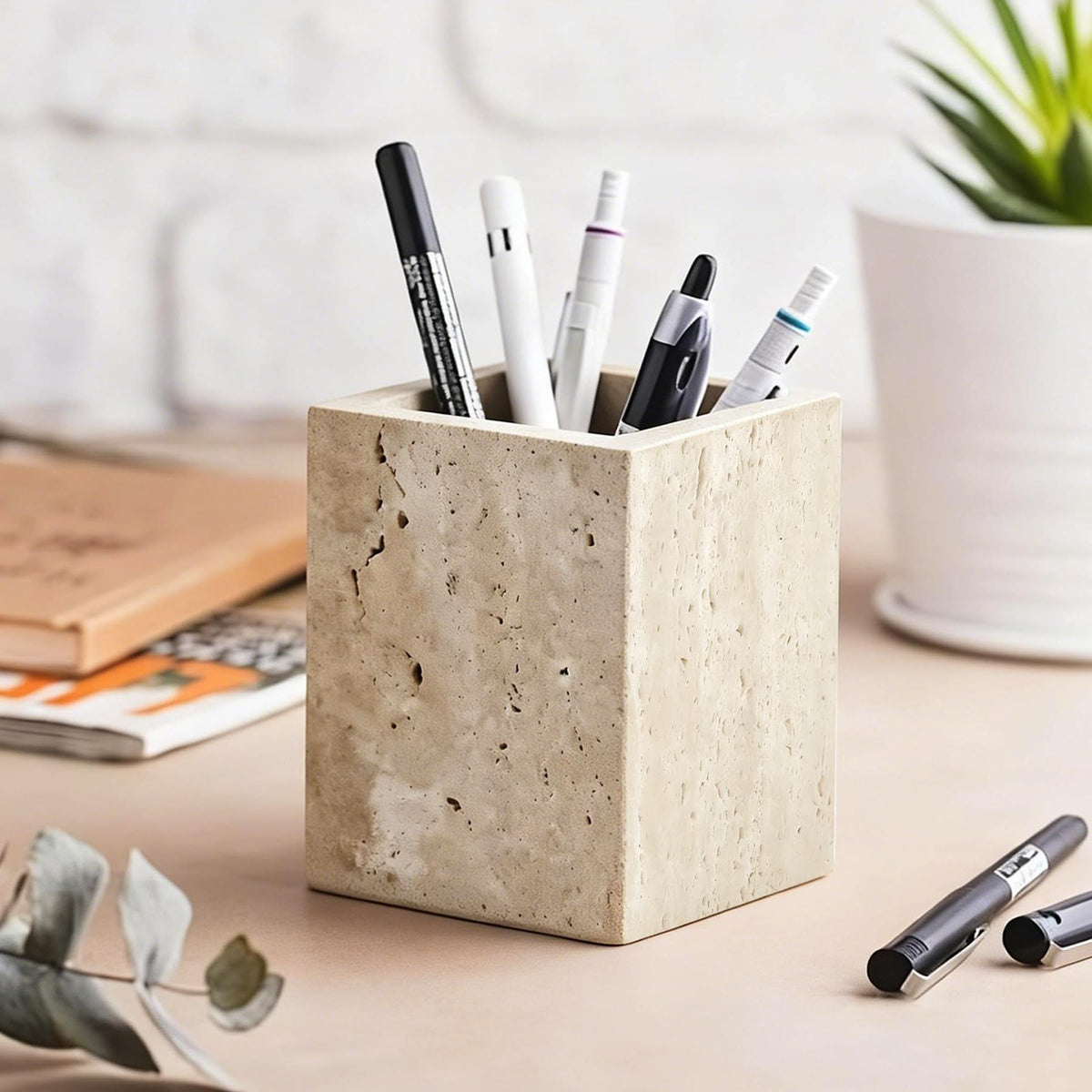 Beige Travertine Natural Marble Toothbrush Holders for Bathroom, Marble Makeup Brush Holder, Pen Pot, Countertop Organizer Barrel Storage Box