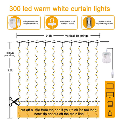Vicloon Fairy Curtain Lights,300 LED Warm White Curtain Lights,8 Modes 9.8×9.8Ft Waterproof Window Curtain String Light USB&Battery Powered with Remote Control,String Lights Curtain for Indoor,Outdoor
