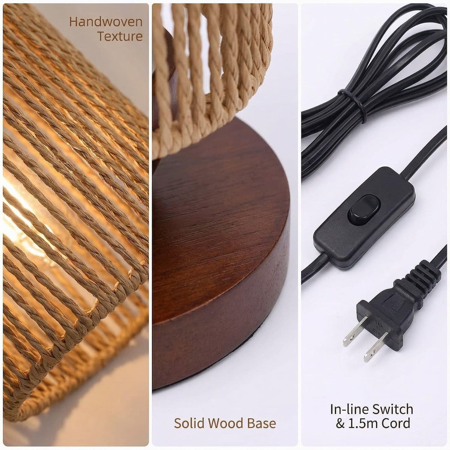 DKCONONY Small Rattan Table Lamp for Bedroom, Boho Bedside Lamp with Warm LED Bulb, Handwoven Wicker Nightstand Lamp for Nursery, Entryway & Dorm, Mini Ambient Night Light with Wood Base (8.6" Tall)