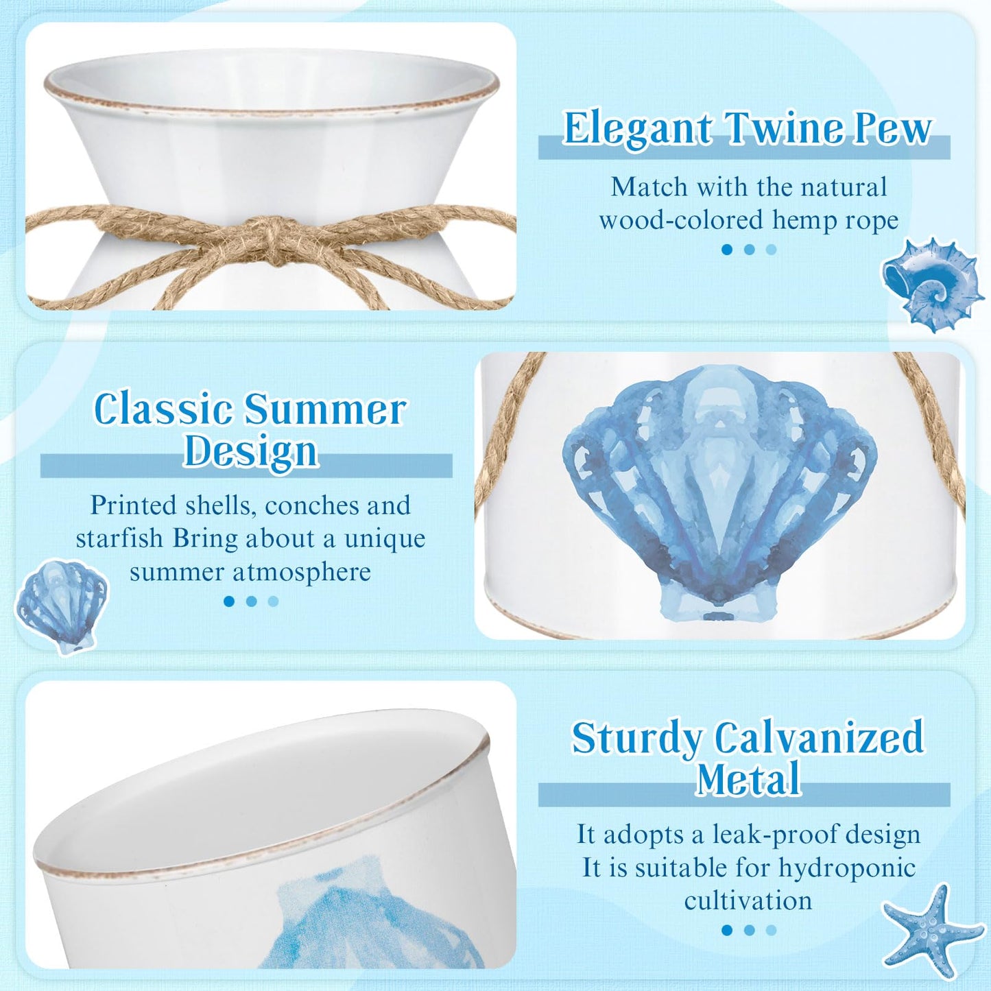 Domensi 3 Pcs 5.12" Beach Coastal Vase Table Decor Metal Seashell Starfish Conch Flower Bucket Farmhouse Ocean Centerpieces for Table Rustic Nautical Milk Can Jug with Twine Bow for Wedding Home Decor