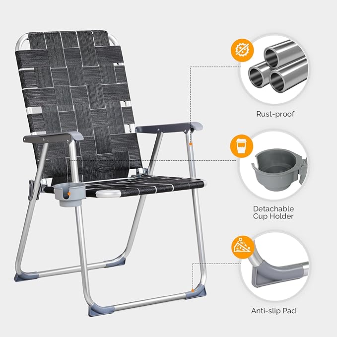 VINGLI Aluminum Patio Lawn Chairs Folding Set of 2 with Detachable Cup Holder, Webbed Beach Chair Folding Chair Outdoor Portable Camping Chair for Yard, Garden
