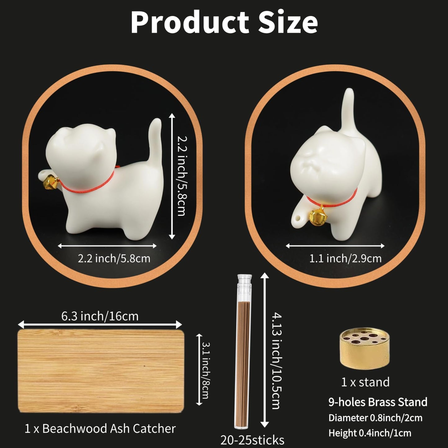 Upgraded Package Incense Holder Handmade Ceramic Cat, Incense-Stick Holder with Sticks, Bamboo Mat and Brass Incense Stand, Cute Cat Insence Burner Holder for Meditation Yoga Massage Home Decor Gift
