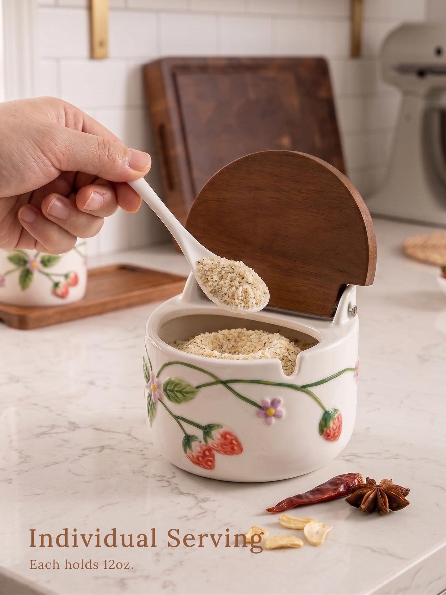 Ceramoira Ceramic Salt and Pepper Cellar Set with Spoons, Lids, and Tray | Handmade Strawberry Condiment Holders for Spices, Sugar, Seasonings, and More | Holds 12oz. Each