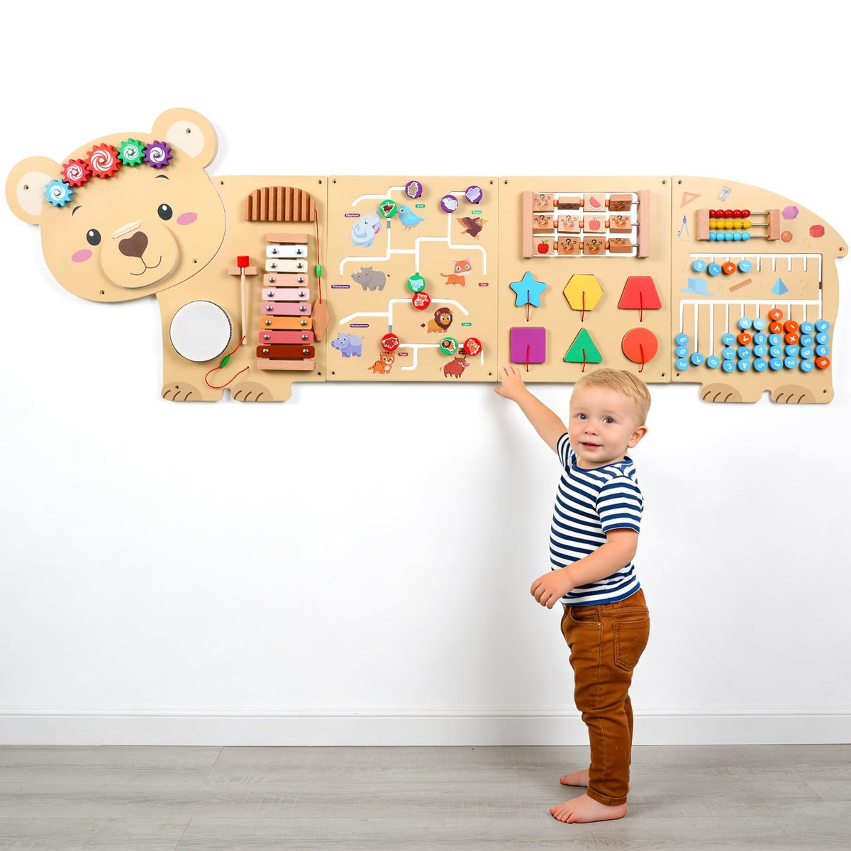 5FT Large Bear Activity Wall Busy Board Wooden Sensory Wall Panel Educational Montessori Toys for Toddler Kids Interactive Sensory Activity Board Learning Center Playroom Daycare Nursery Decor