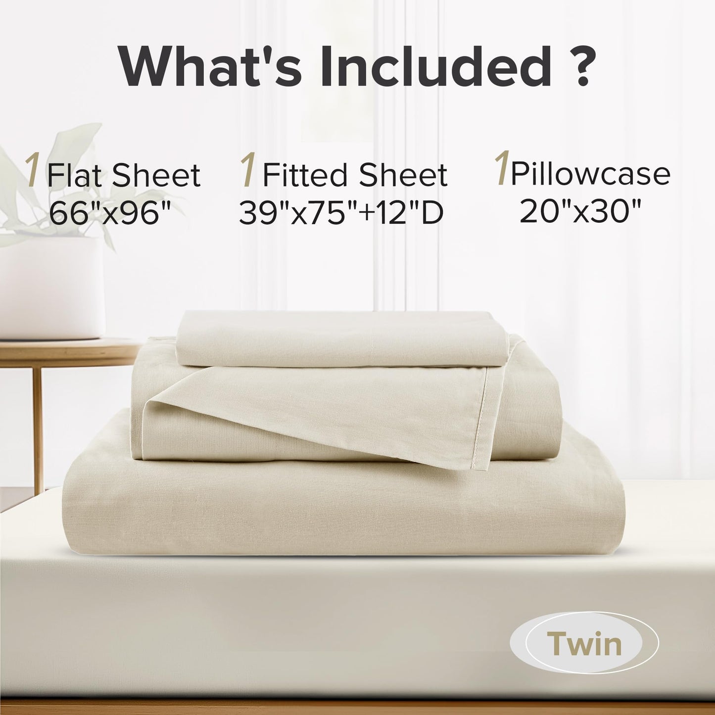 Comfort Spaces 100% Cotton Sheets Twin, Breathable & Ultra Soft Cotton Sheets, Naturally Cool Cotton Bed Sheets with 12" Elastic Pocket Fits up to 14" Mattress, All Seasons Sheet Set, Cream 3 Piece