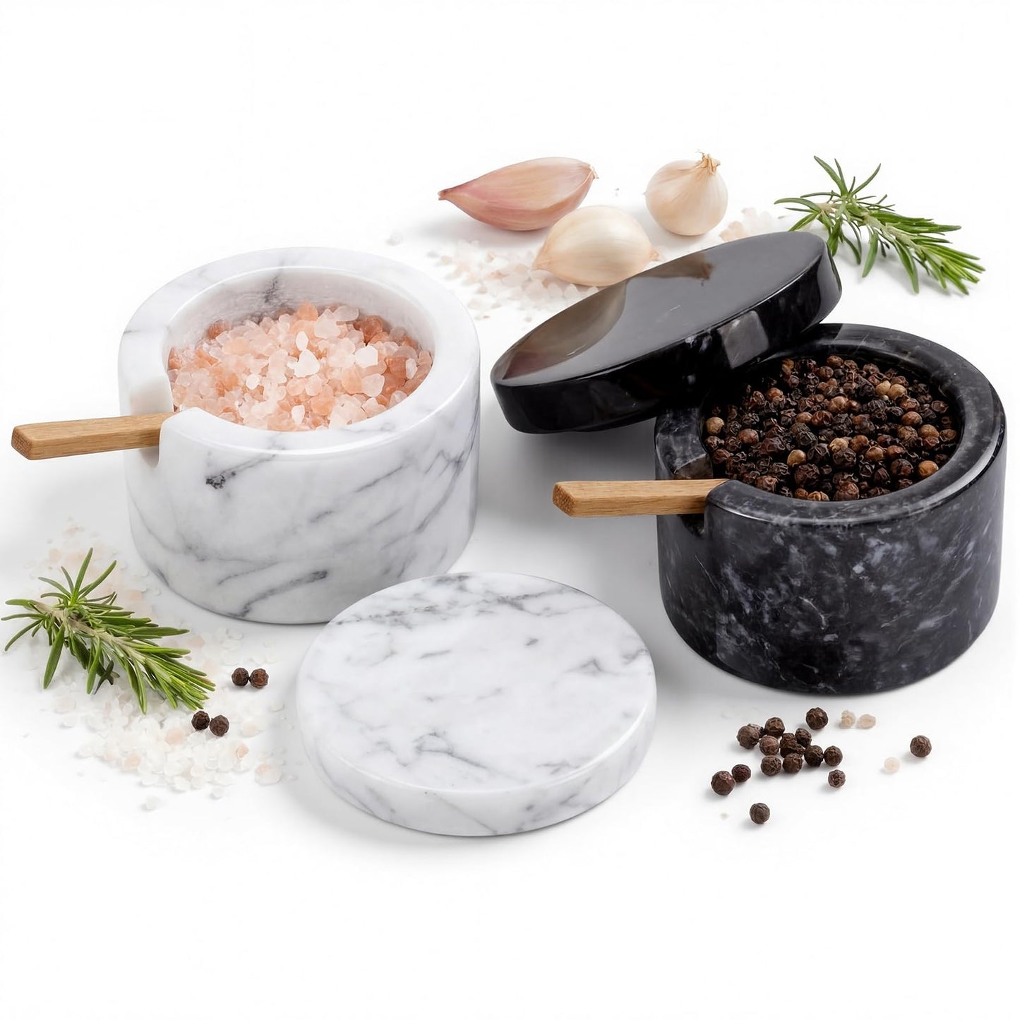FoldTier 2 Set Marble Salt Cellar with Lid and Wooden Spoon Handcrafted Marble Salt Container Natural Spice Jars White Gray for Pepper Seasonings Small Round for Kitchen