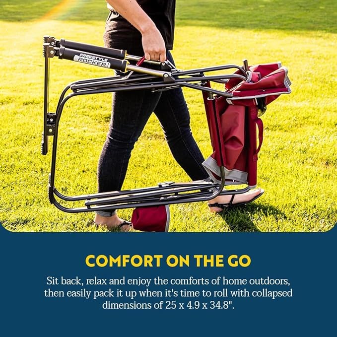 GCI Outdoor Freestyle Rocker Camping Chair | Portable Folding Rocking Chair with Solid, Durable Armrests, Drink Holder & Comfortable Backrest — Cinnamon
