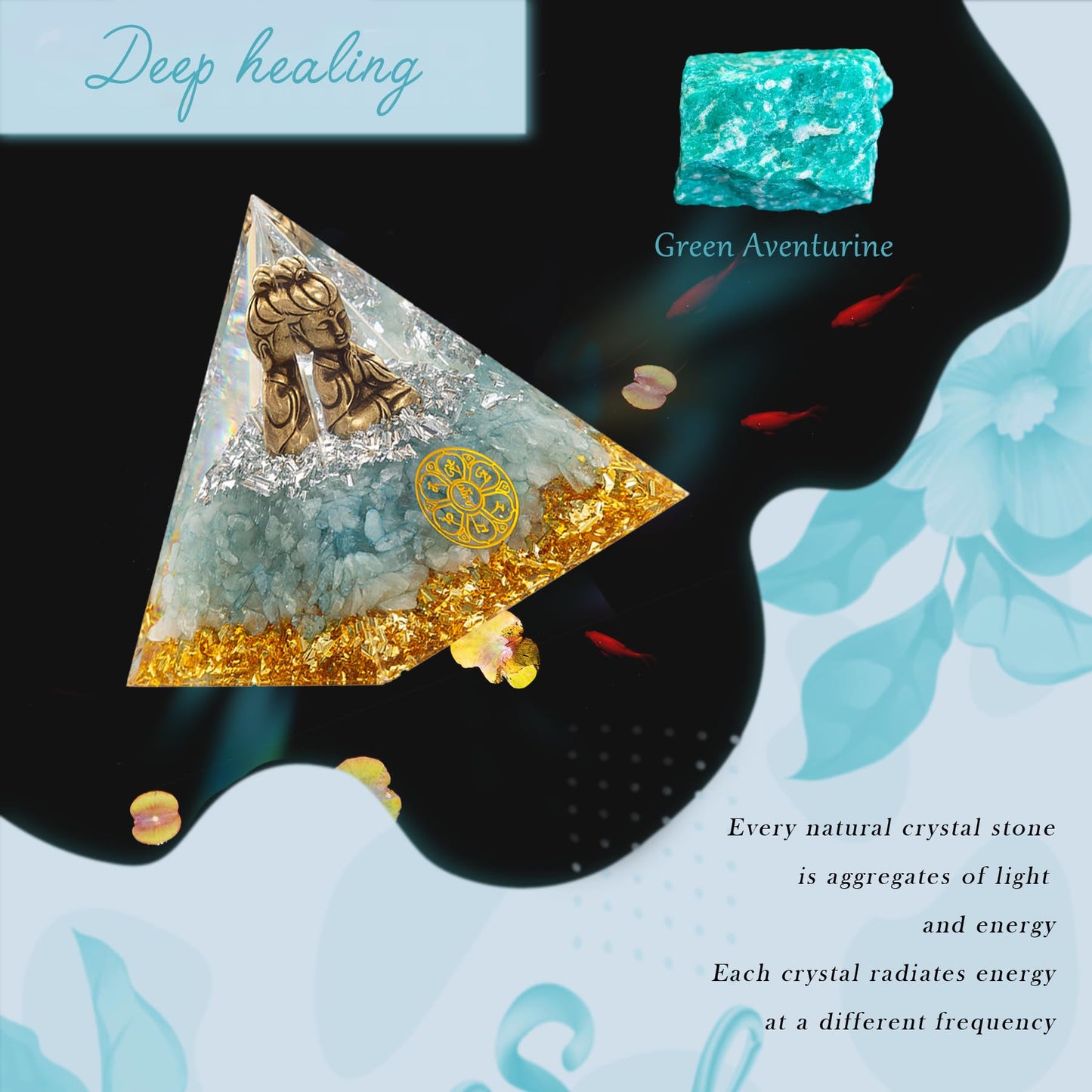FENGSHUI-CAISHEN Tiny Guan Yin Statue in Healing Crystal Orgone Pyramid - Green Aventurine with Quan Yin Figurine, Reiki Chakra Meditation Decor