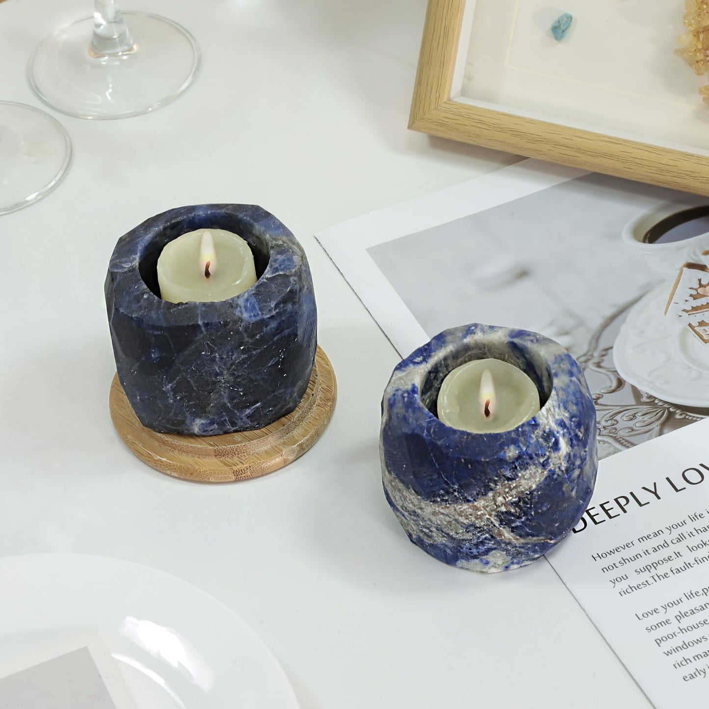 TUMBEELLUWA Sodalite Gemstone Tea Light Candle Holders for Table Centerpiece Wedding Party, Blue Decorative Crystal Votive Candle Holders for Christmas Thanksgiving