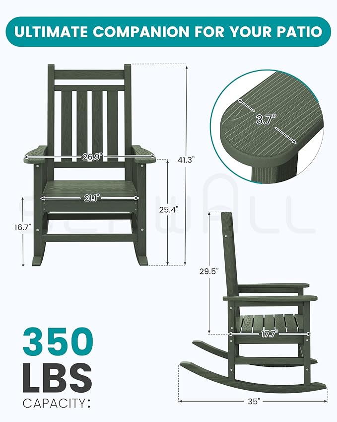 SERWALL Oversized Outdoor Rocking Chair Set of 4, HDPE Rocker for Adults, Patio Rocking Chairs for Porch, Avocado Green