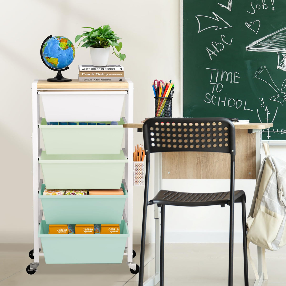 Rolling Cart with Drawers, Rolling Storage Cart with Large Plastic Drawers & Wooden Tabletop, Utility Cart with Pegboards & Basket, Storage Drawers Cart for Living Room, Classroom, Bedroom, Office