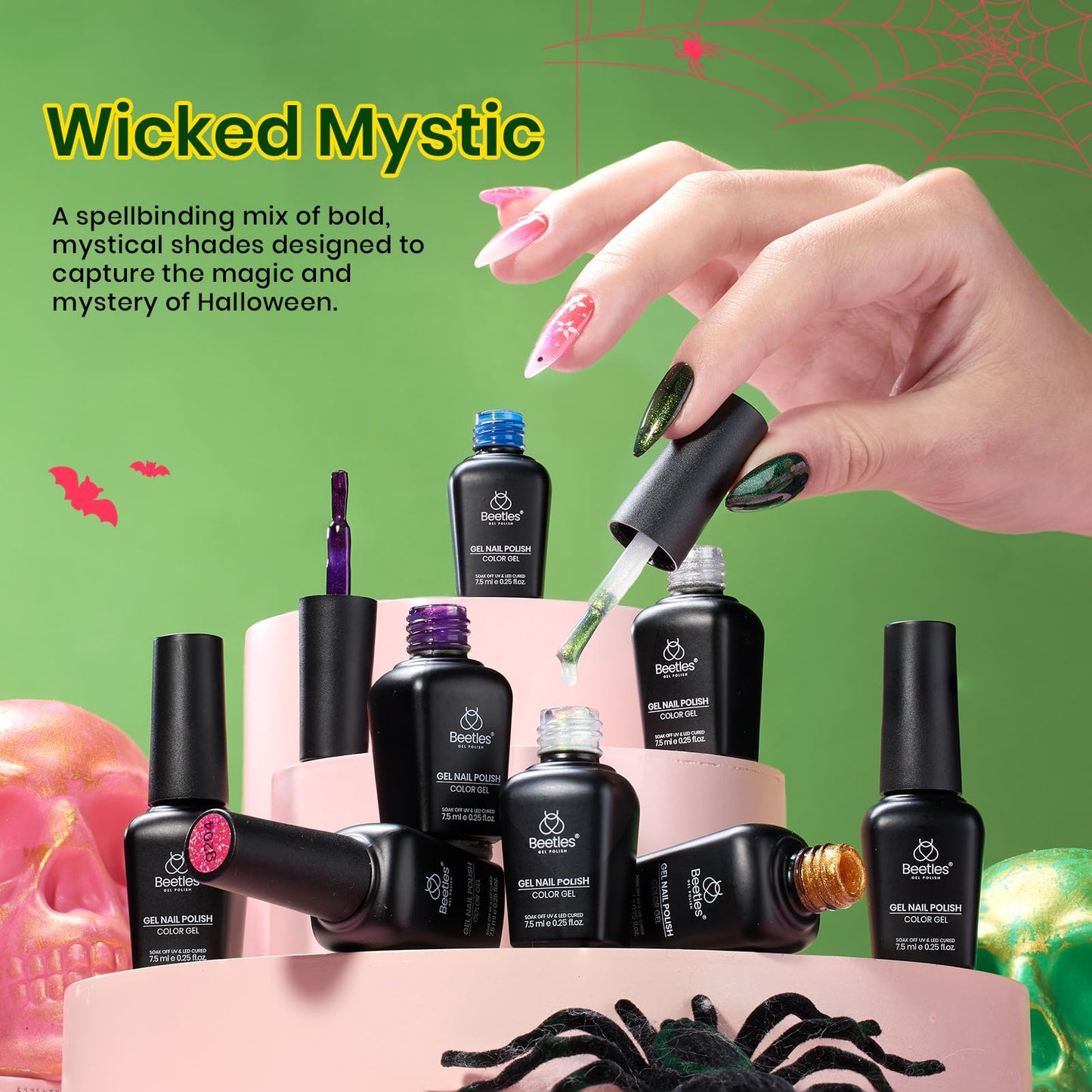 Beetles Halloween Gel Nail Polish Set – Wicked Mystic 8 Colors Gel Polish Kit, Gold Silver Black Green Blue Cat Eye Purple Red Glitter with Nail Art Accessories UV LED Soak Off Manicure Gift for Women