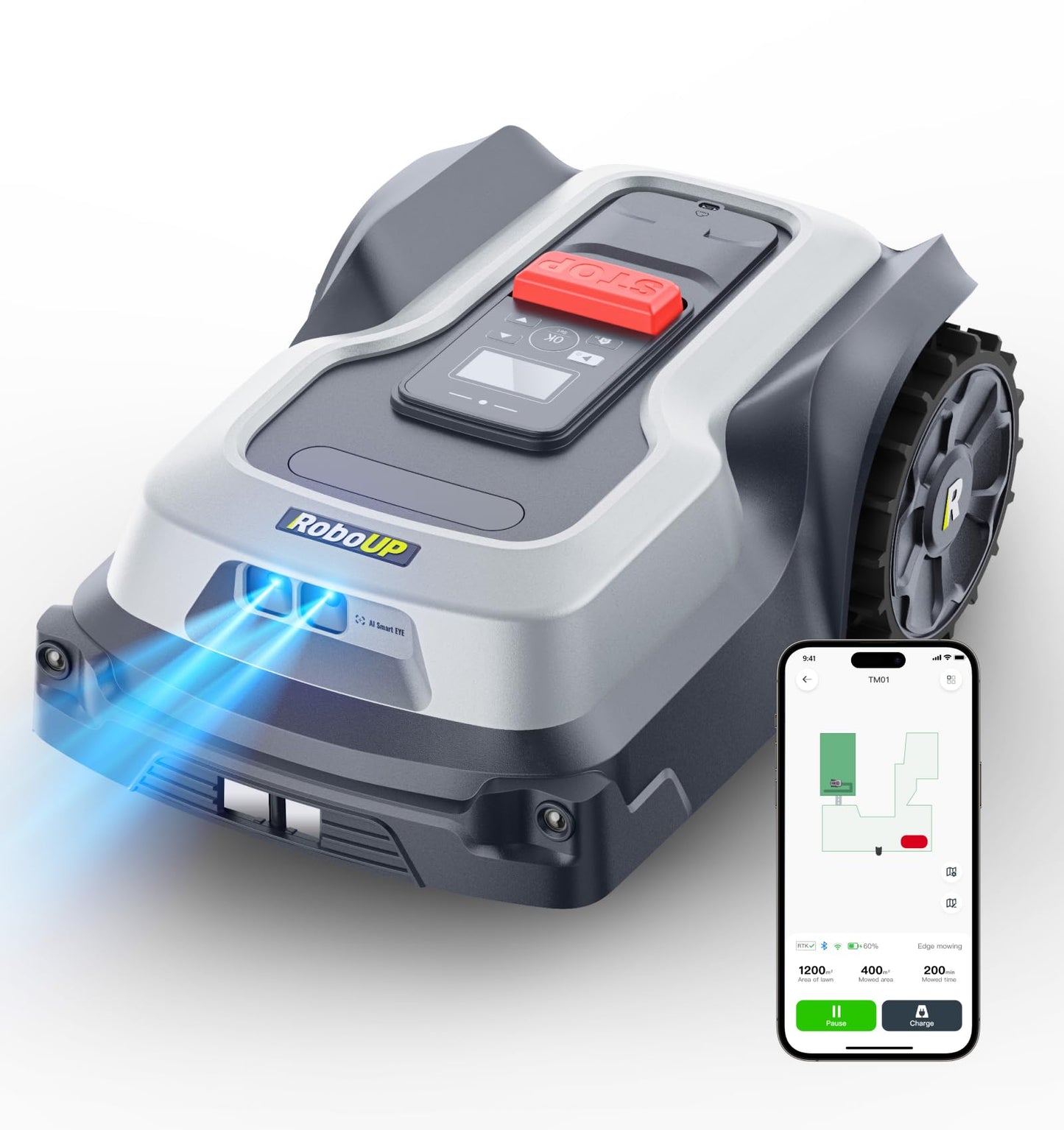 RoboUP T1200Pro Robot Lawn Mower, RTK+Vision Wire-Free Automatic Robotic Mower for 0.37 Acre, AI Obstacle Avoidance, 1.18"-2.36" Adjustable Cutting Height, Unlimited Multi-Zone Mowing Robotic Mower