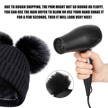 SATINIOR 2 Pieces Satin Lined Winter Hats Women Knitted Pompom Beanies Hat Touchscreen Gloves Set for Women(Black)