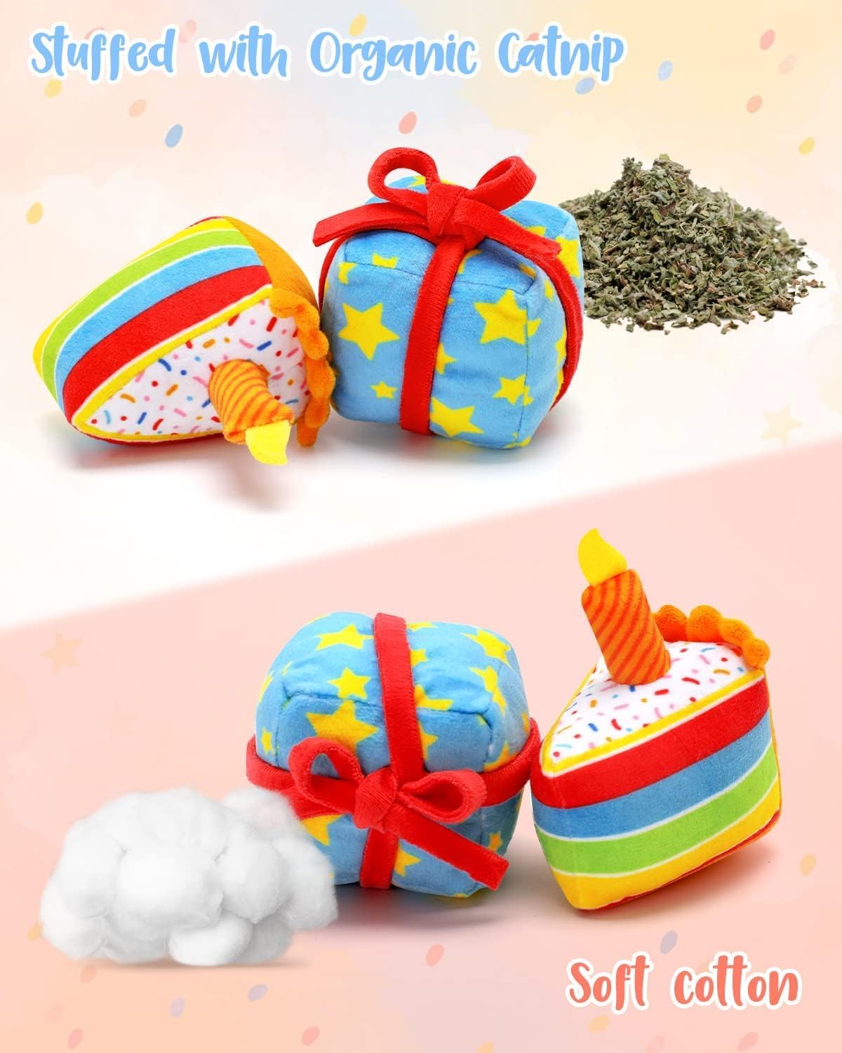 CiyvoLyeen 6Pcs Birthday Themed Catnip Toys Cat Birthday Gift Kitten Interactive Toys for Cat Lover Cake Crown Fish Soft Plush Catmint Pet Supplies Kitty Chew Kick Toys