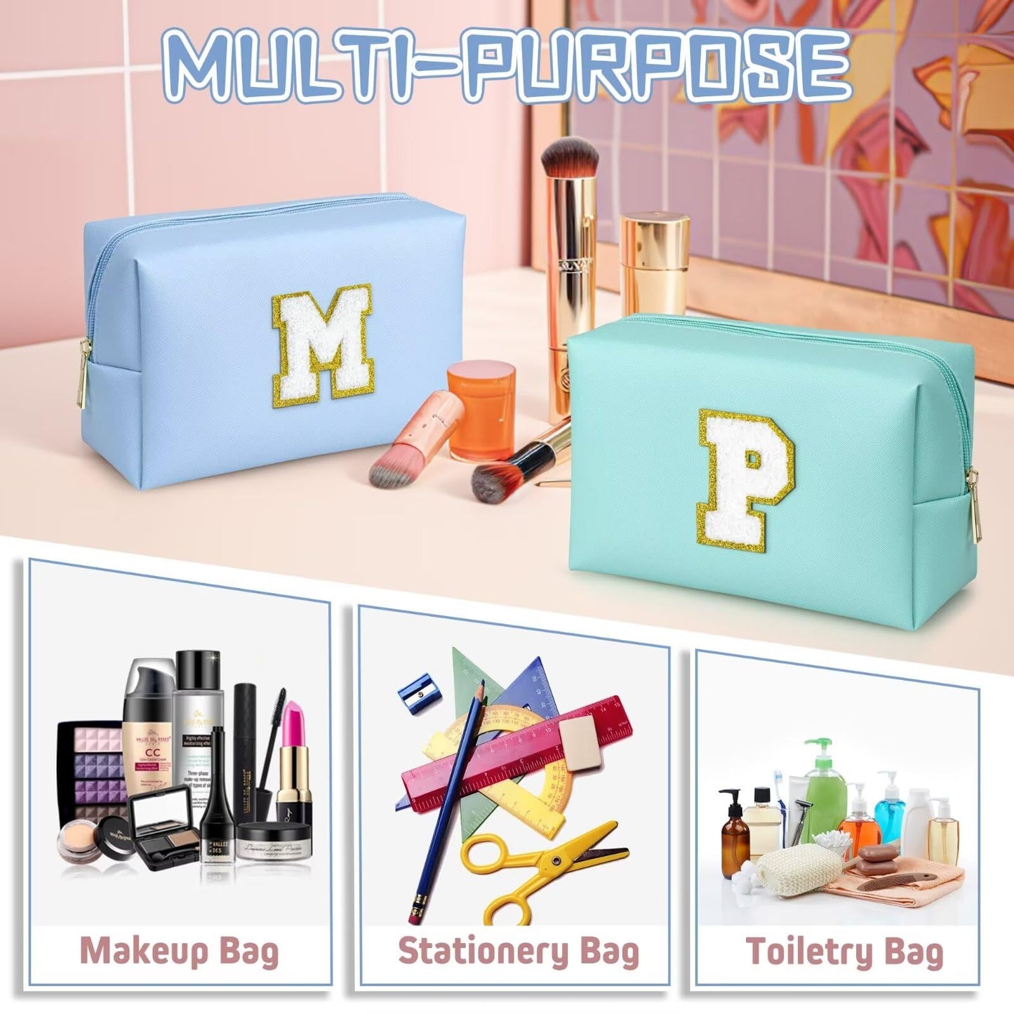 TOPEAST Birthday Gifts for Women, Personalized Initials Travel Makeup Bag Valentines Day Gifts for Women for Her (Sky Blue E)