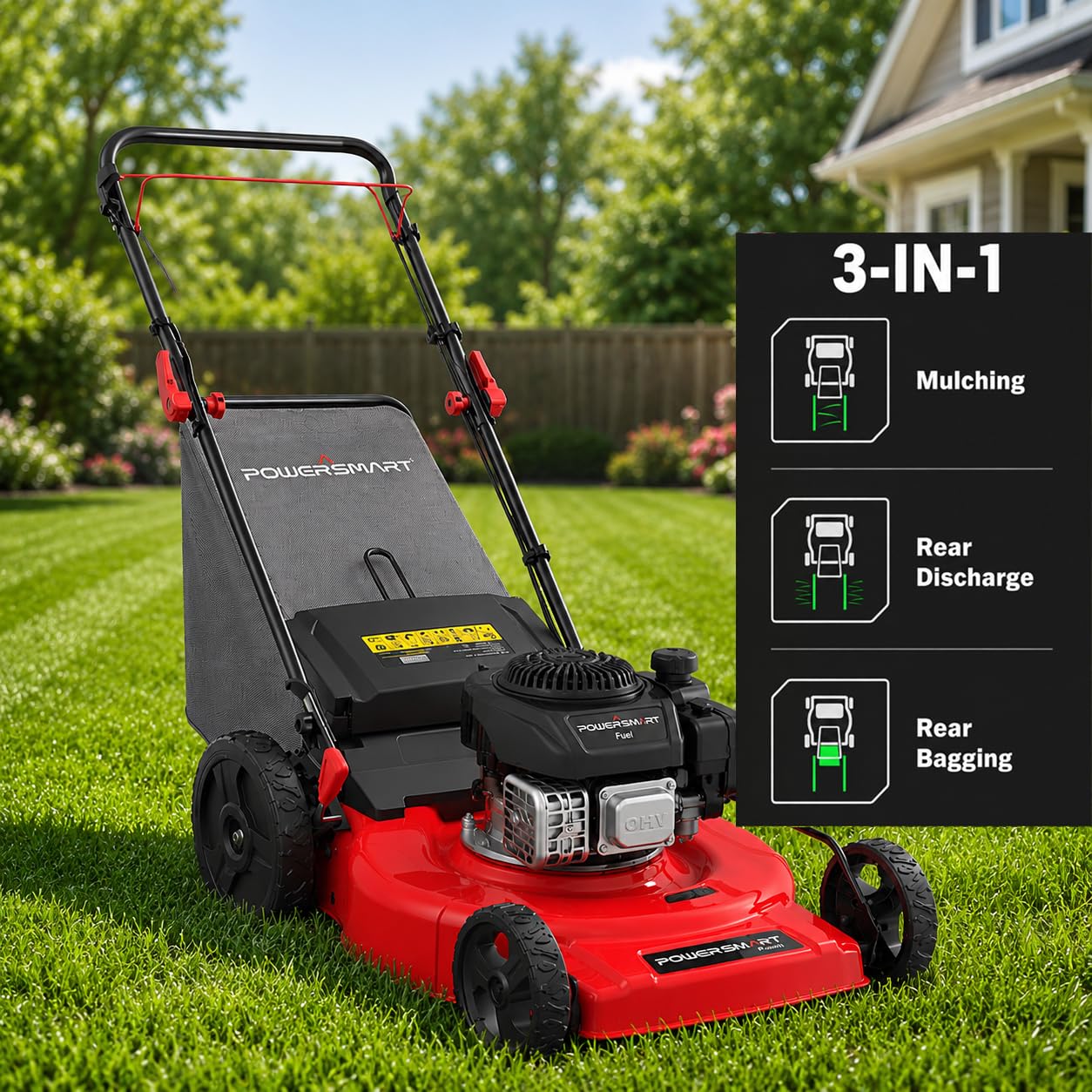 PowerSmart 21-Inch Gas Self-Propelled Lawn Mower, 170cc OHV Engine, Reinforced Steel Deck, 3-in-1 Bagging/Mulching/Rear Discharge, 6 Cutting Heights (1.5"–3.9"), 10" Rear Wheels, Foldable Handle