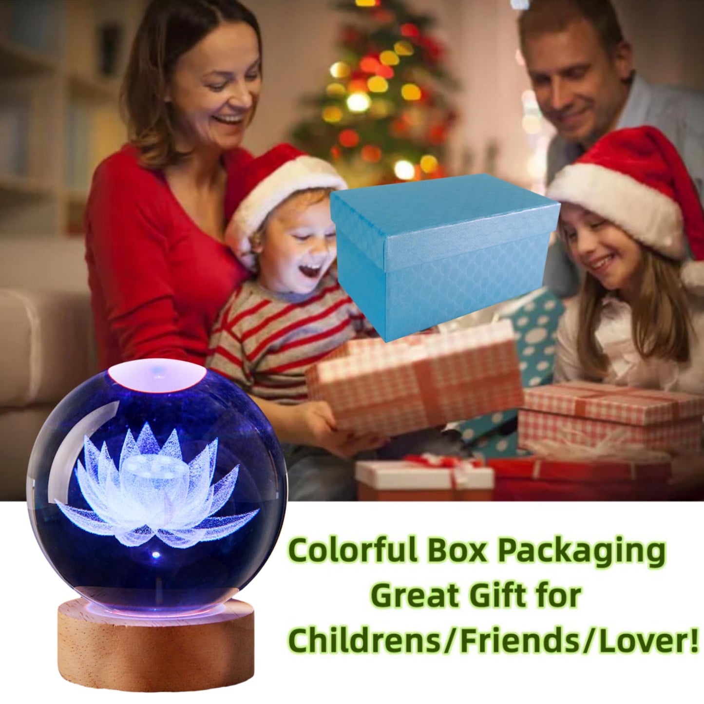 LMLOBEP Large Lotus Crystal Ball Night Light with Woodern Base, 3D Lotus Crystal Lamp 16 Color Changing with Remote Control, Laser Engraved Glass Flower Ball Lamp, Room Decor (Love)