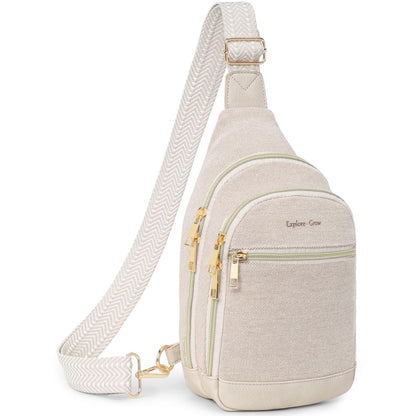 Packism Travel Sling Bag for Women Valentine's Day Gift with Box and Message Card - Anti-Theft Canvas Crossbody Bag with 7 Pockets, Leather Bottom, Fits iPad Mini, 6.3x3.4x11 Inches, Beige