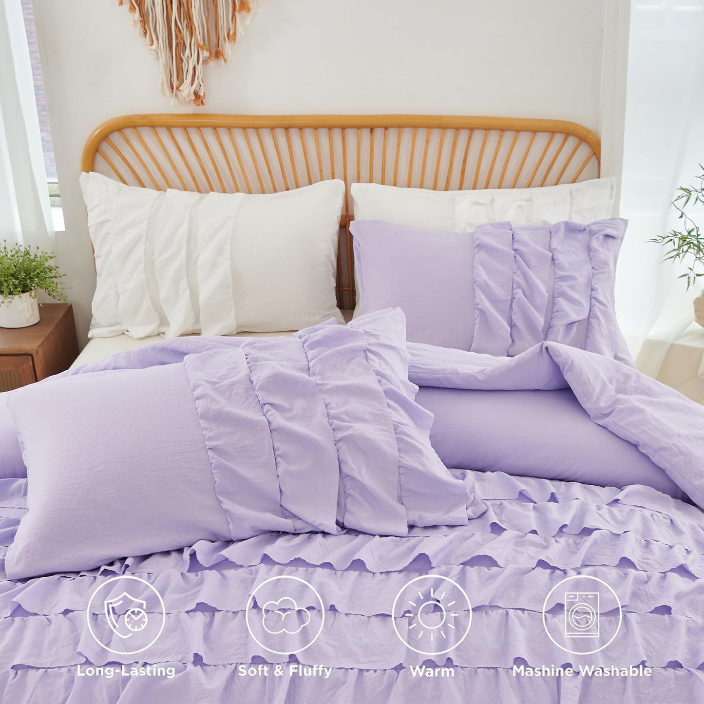 PERFEMET Lavender Purple Twin Bedding Sets for Girls 3 Pieces Multi Layers Ruffle Comforter Set Washed Microfiber Cute Princess Bedding Set Boho Bed Sets for Kids Teens Bedroom(Purple,Twin)