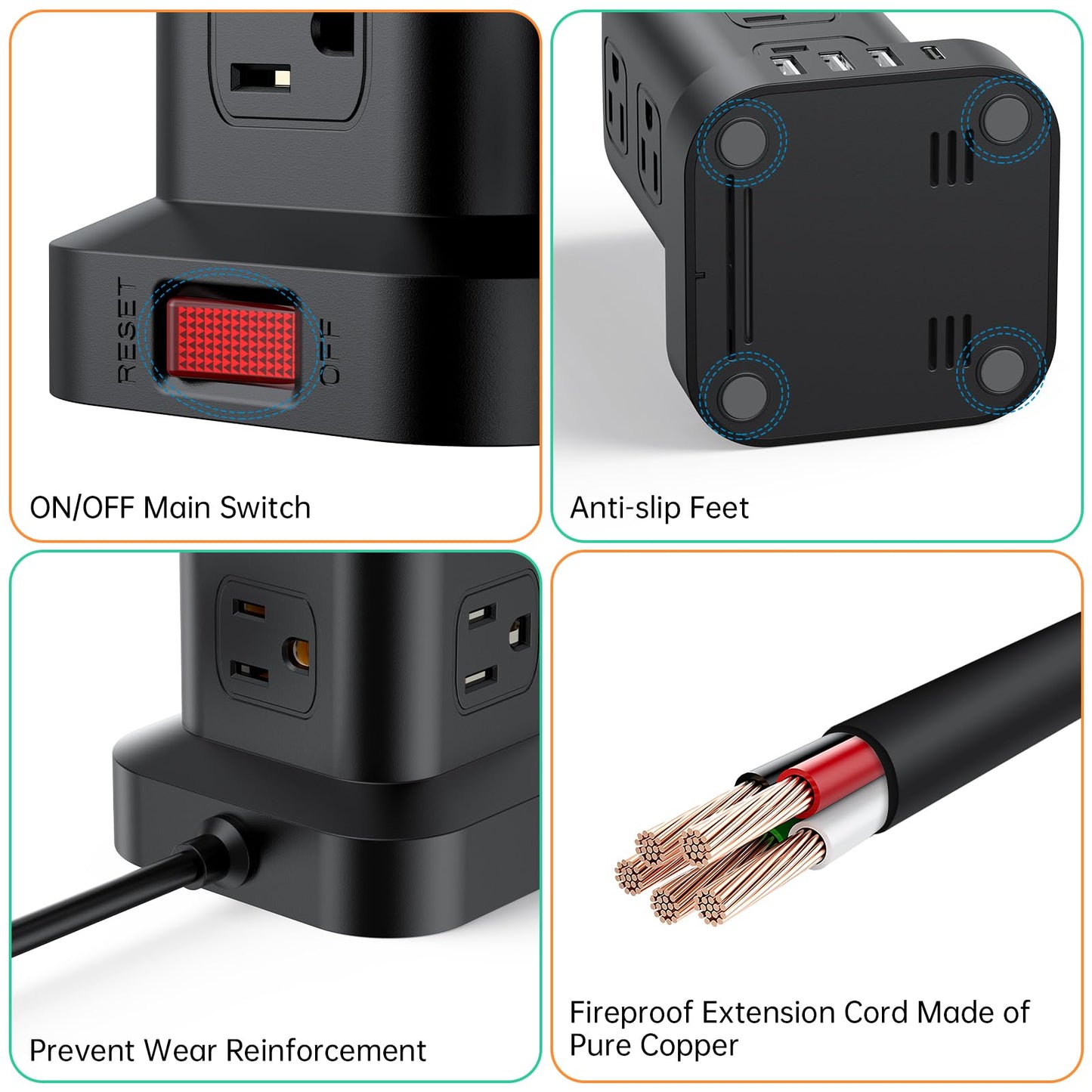 Extension Cord with Multiple Outlets, Surge Protector Power Strip Tower, 12 AC 4 USB，Surge Protector Tower 6.5FT Overload Protection for Home Office