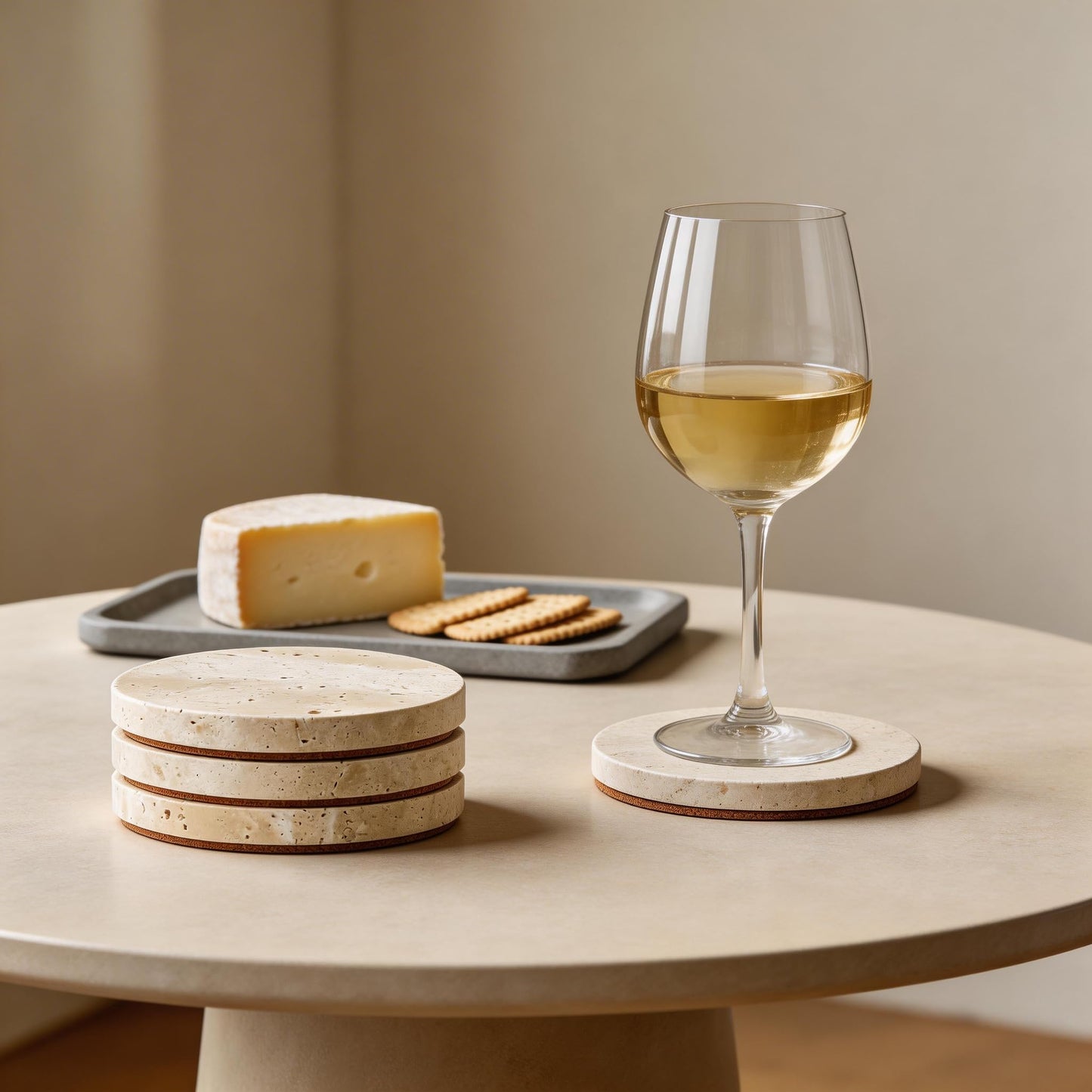 WORHE Natural Travertine Marble Coasters Set of 4-4" Round Stone Drink Coasters, Non-Slip Cork Backing, Housewarming Gift, Wedding, Protect Tables from Stains & Scratches (BD140)