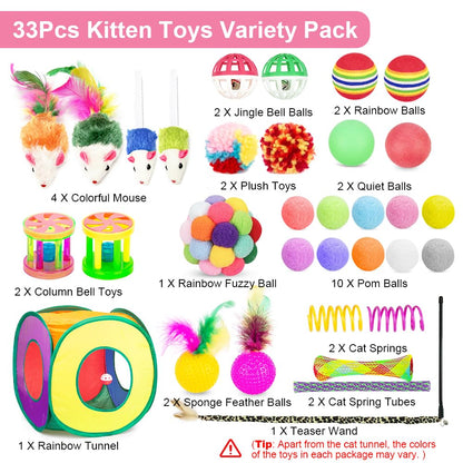 Retro Shaw Cat Toys Pack 33Pcs, Interactive Kitten Toys for Indoor Kittens Cats, Collapsible Kitty Play Tunnel Tent Feather Wand Balls Bell Springs Mouse Kitty Toys for All Breeds 15.7 Inches