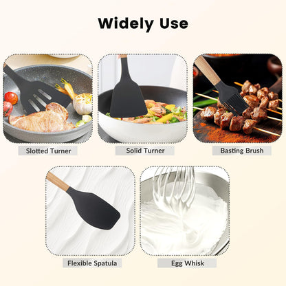 Daily Treasures 12PCS Kitchen Utensils Set,Cooking Utensils Set with Storage Holder,Kitchen Tools Made of Heat Resistant Food Grade Silicone and Wooden Handles for Nonstick Cookware