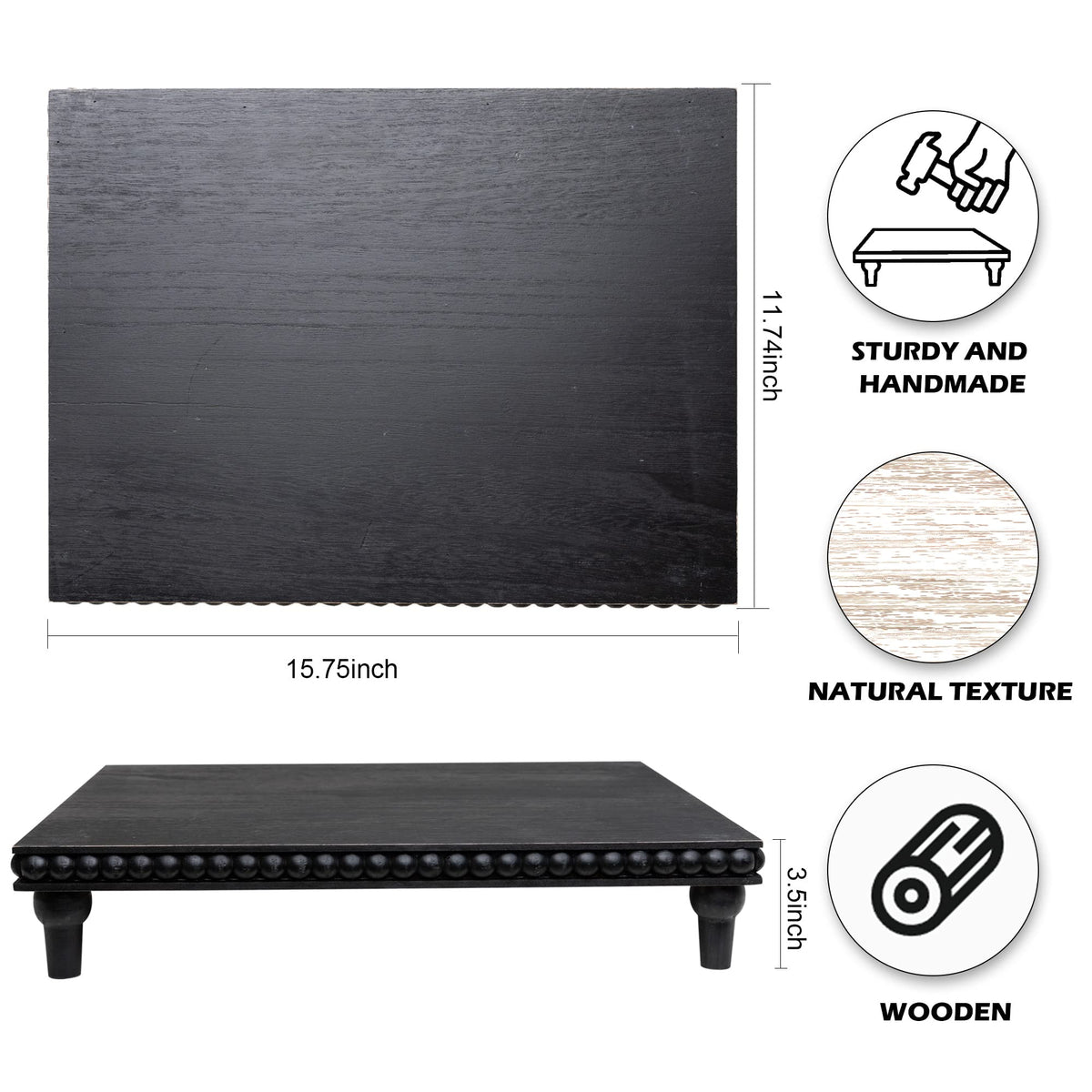 GENMOUS Farmhouse Black & White Distressed Wood Display Stand, 3-Tier Beaded Pedestal Tray for Bathroom, Kitchen, or Living Room Decor