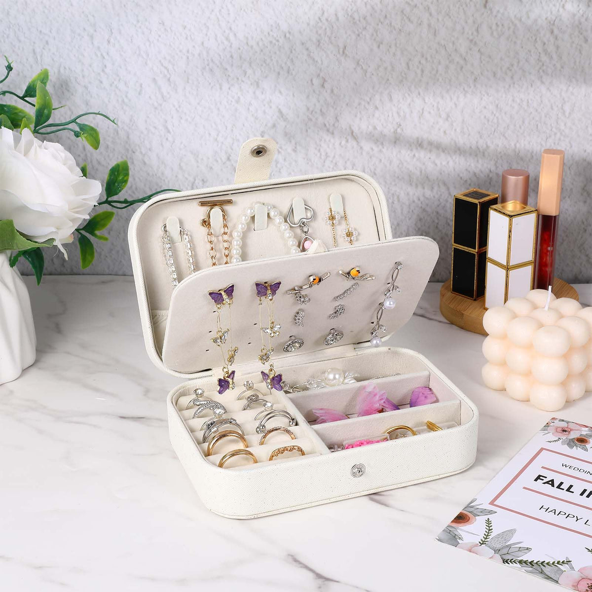 6 Pcs Travel Jewelry Box, PU Leather Mini Travel Jewelry Organizer for Women Girls, Double Layer Portable Small Ring Case, Display Storage Holder Boxes for Stud Earrings, Rings, Necklaces, Bracelets (