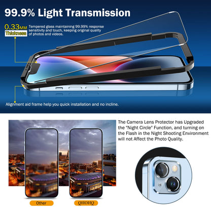 QHOHQ 3 Pack Screen Protector for iPhone 14 / iPhone 13 [6.1 Inch] with 3 Pack Tempered Glass Camera Lens Protector, Ultra HD, 9H Hardness,Case Friendly