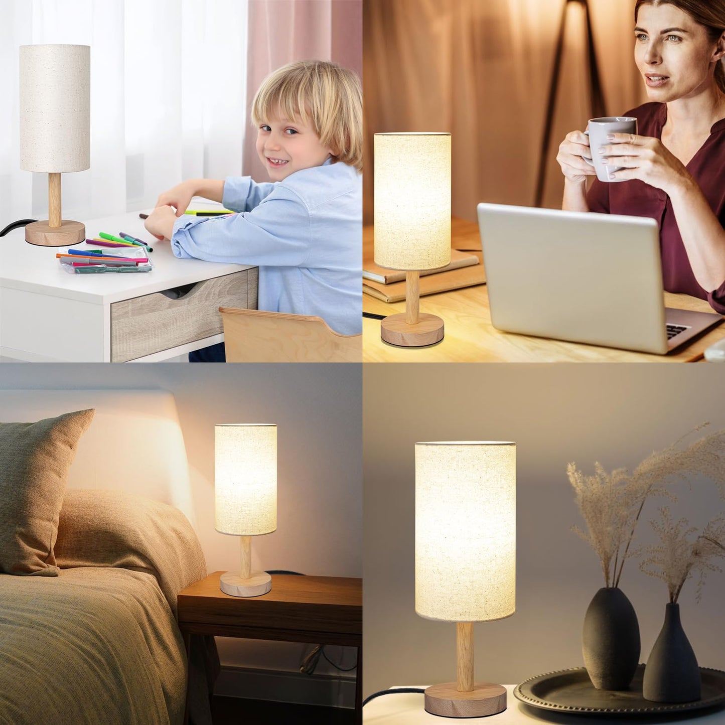 LALISU Small Table Lamp for Bedroom, Nightstand Lamp Linen Lampshade Bedroom Wood Base Small Bedside Lamp for Night Stands, Desk Lamps for Reading Living Room, Office (LED Bulb Included) (Wood Base)