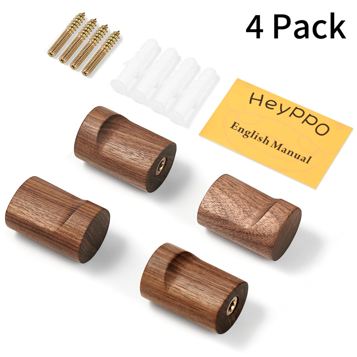 HeyPPO Wooden Wall Hooks 4 Pack, Modern Decorative Coat Hook Wall-Mount, Handmade Rustic Hat Hooks, Entryway Wall Hangers for Hanging Coats Hats Backpack, Bathroom Wood Towel Rack (Walnut)