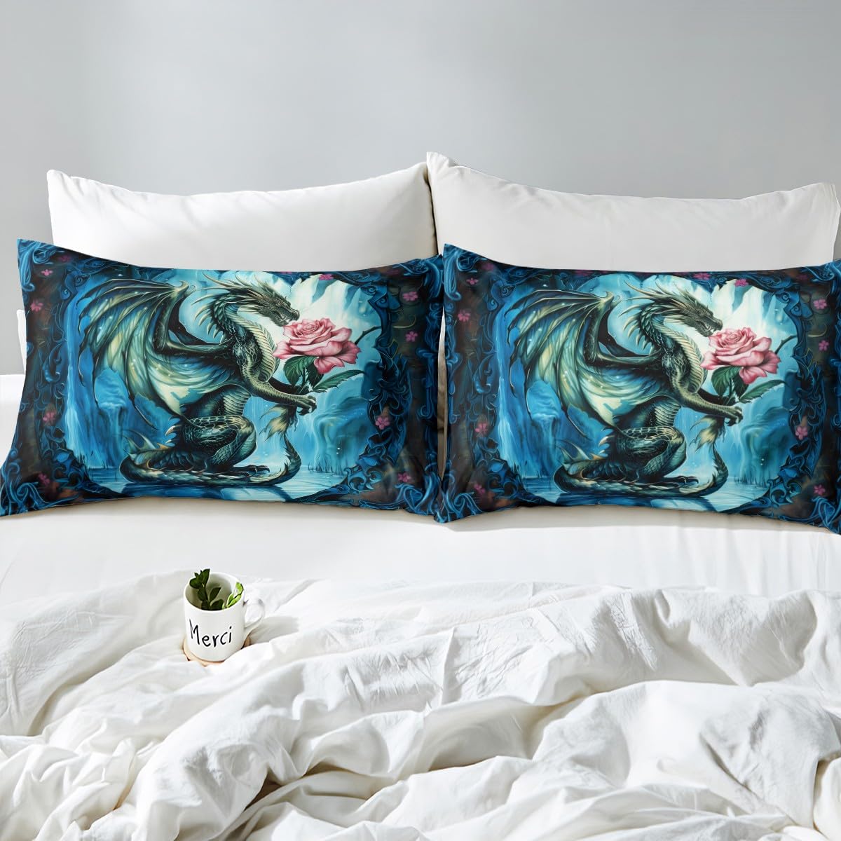 3D Dragon Fitted Sheet Queen Size,Pink Rose Floral Bedding Set 3Pcs for Kids Girls Boys Teens Room Decor,Western Animals Bed Sheets Mysterious Magical Style Blue Deep Pocket Sheet,2 Pillowcases