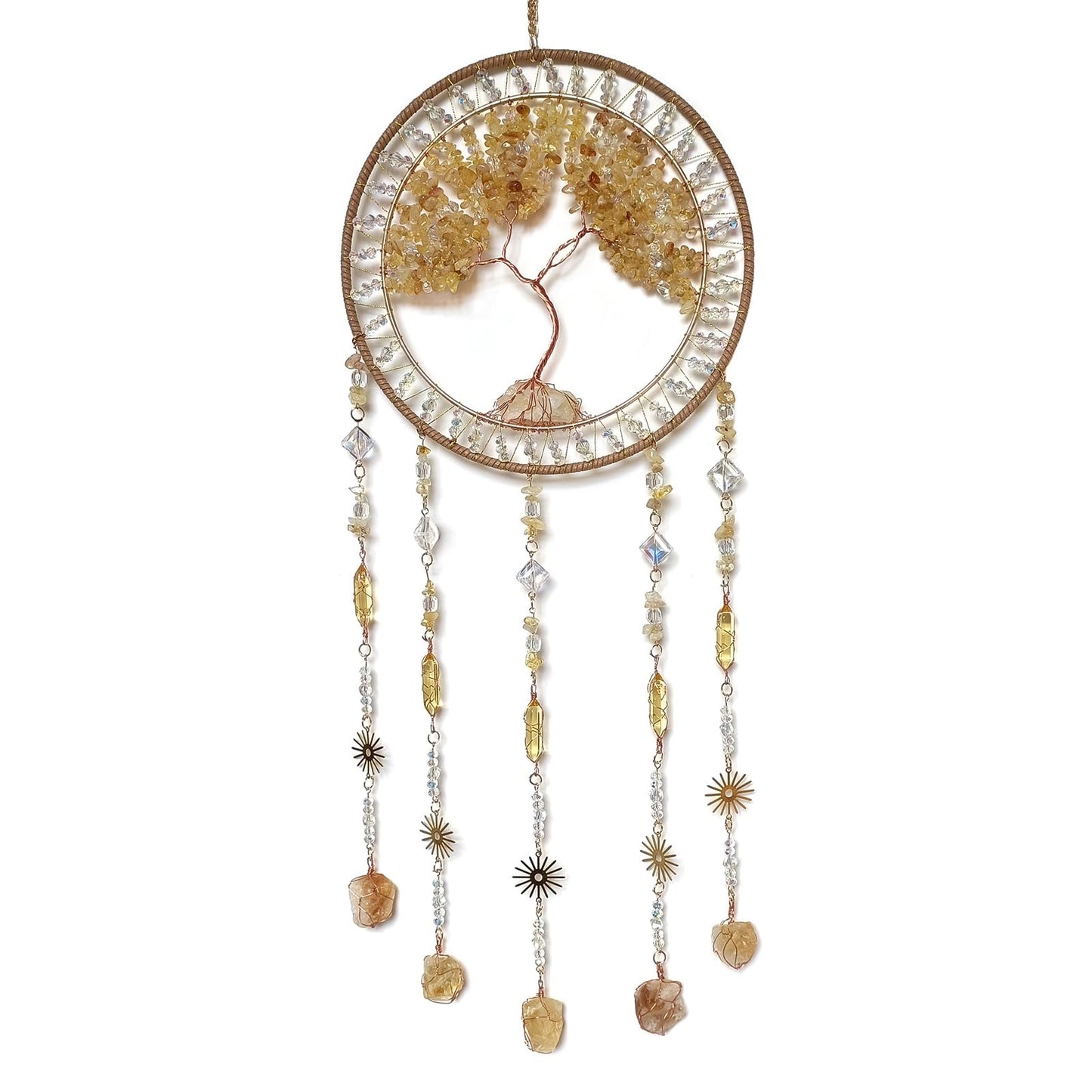 RAGKUU Crystal Tree of Life Dream Catchers with Stone Pendant Yellow Dream Catcher Wall Decor Handmade Dreamcatcher Wall Hanging Ornament for Bedroom Living Room Home Decor