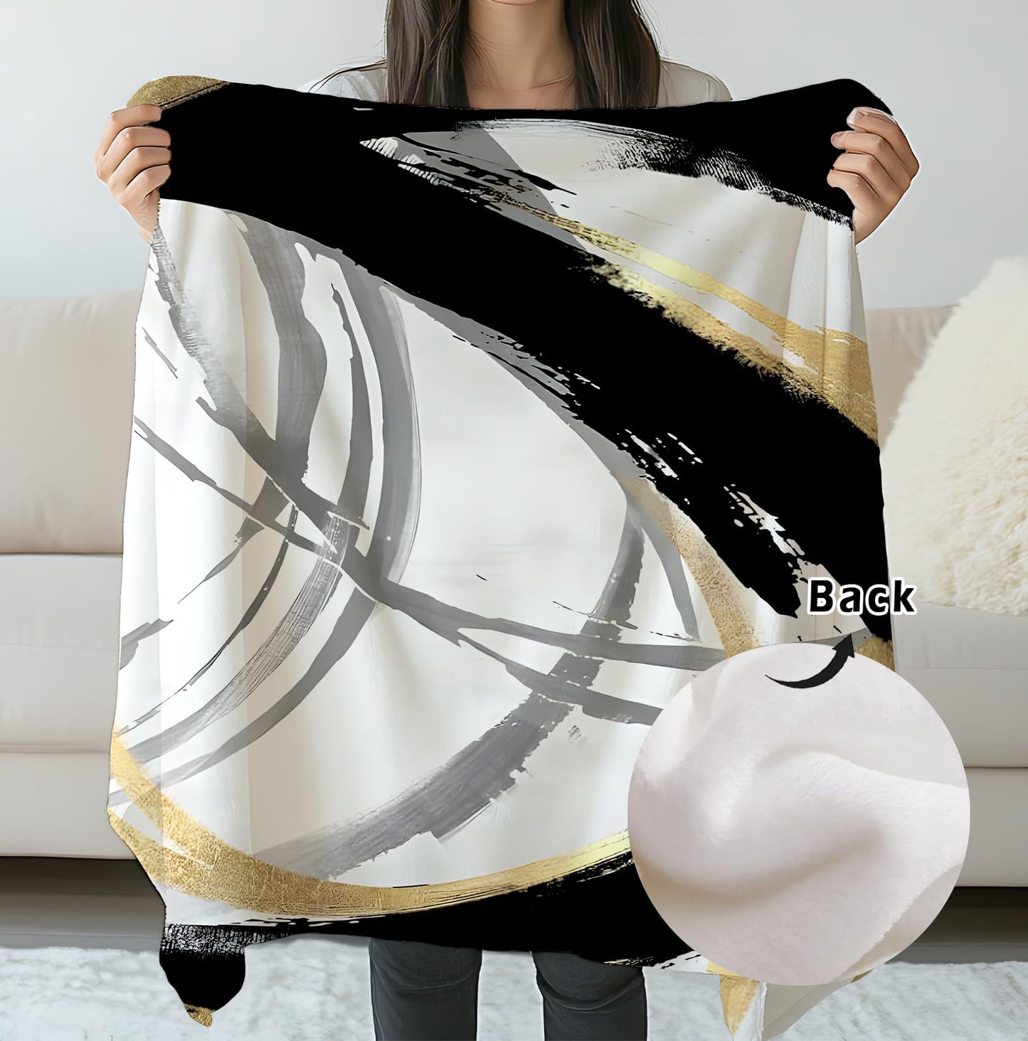SPBL&L Black White and Gold Throw Blanket, Minimalist Modern Ink Line Throw Blanket for Bed Couch Bedroom Living Room, Modern Room Home Decor