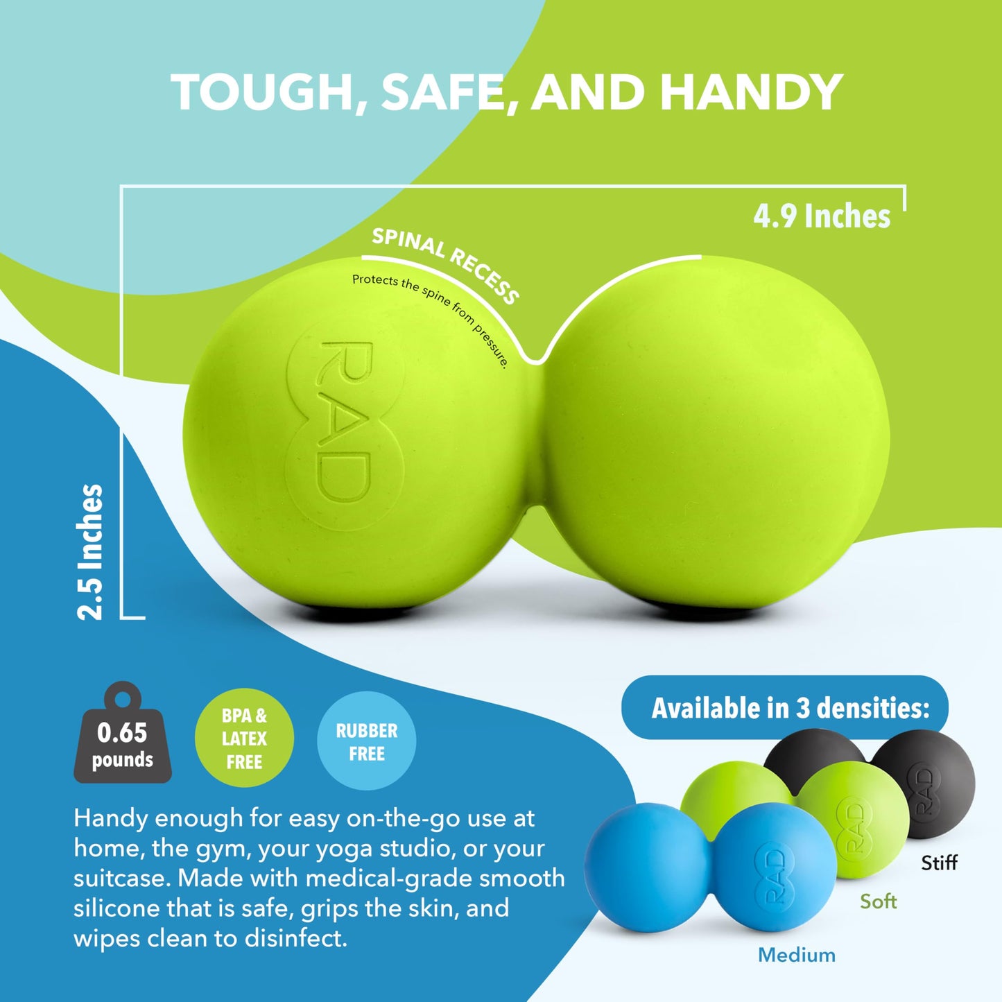 RAD Original Peanut Massage Ball – Medium Density Yoga Deep Tissue Roller Ball – Myofascial Release for Back, Neck, Feet, Psoas & Spine – Suboccipital & Thoracic Trigger Point Therapy