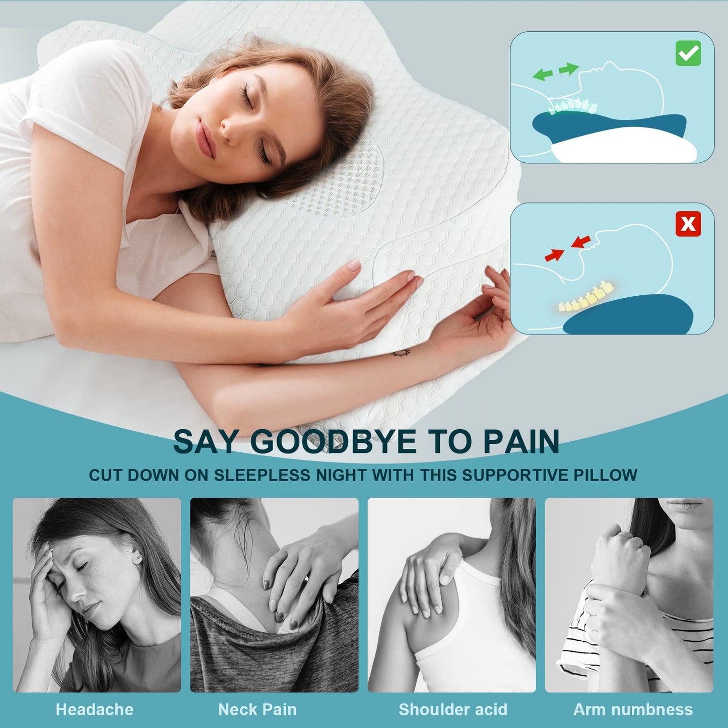 Cervical Memory Foam Pillow for Neck Pain Relief, 2 in 1 Orthopedic Sleeping Pillow, Shoulder Pain Ergonomic Head Neck Support Pillow for Side/Back/Stomach Sleepers with Removable Cover, White