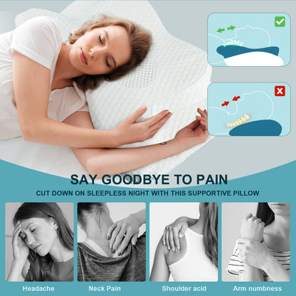 Cervical Memory Foam Pillow for Neck Pain Relief, 2 in 1 Orthopedic Sleeping Pillow, Shoulder Pain Ergonomic Head Neck Support Pillow for Side/Back/Stomach Sleepers with Removable Cover, White
