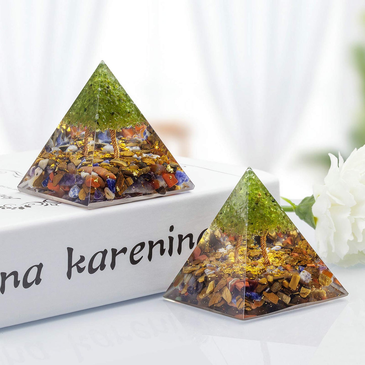 TUMBEELLUWA 2.36in 7 Chakra Crystal Tree of Life Orgonite Pyramid Generator Handmade Energy Stones Decor for Prayer, Meditation, Yoga
