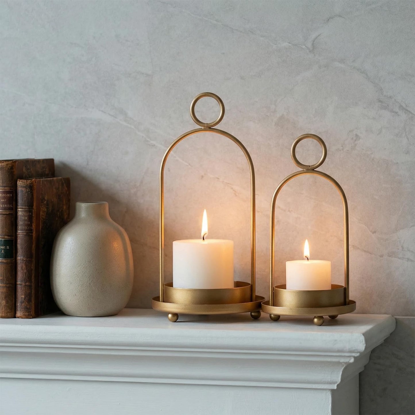 GYKLE Set of 2 Candle Lantern Set - Vintage Brass Candle Holders with Thick Glass Domes (5.25"x10" & 4.5"x7.87"), Perfect for Pillar Candles, Floral Arrangements, and Vintage Home Accents