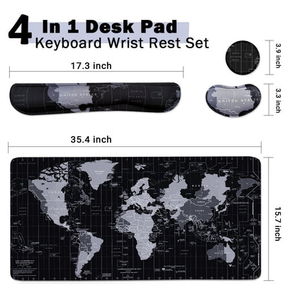 Large Mouse Pad Set, Cute Extended Mouse Pad+Keyboard Wrist Rest Support Desk Pad Memory Foam Ergonomic Easy Typing, 35.4×15.7 in Desk Mat Set for Home Office Study Game - World Map