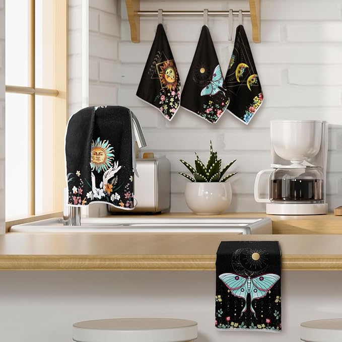 Boyiee Set of 6 Witchy Kitchen Towels Boho Tea Towels Absorbent Mushroom Floral