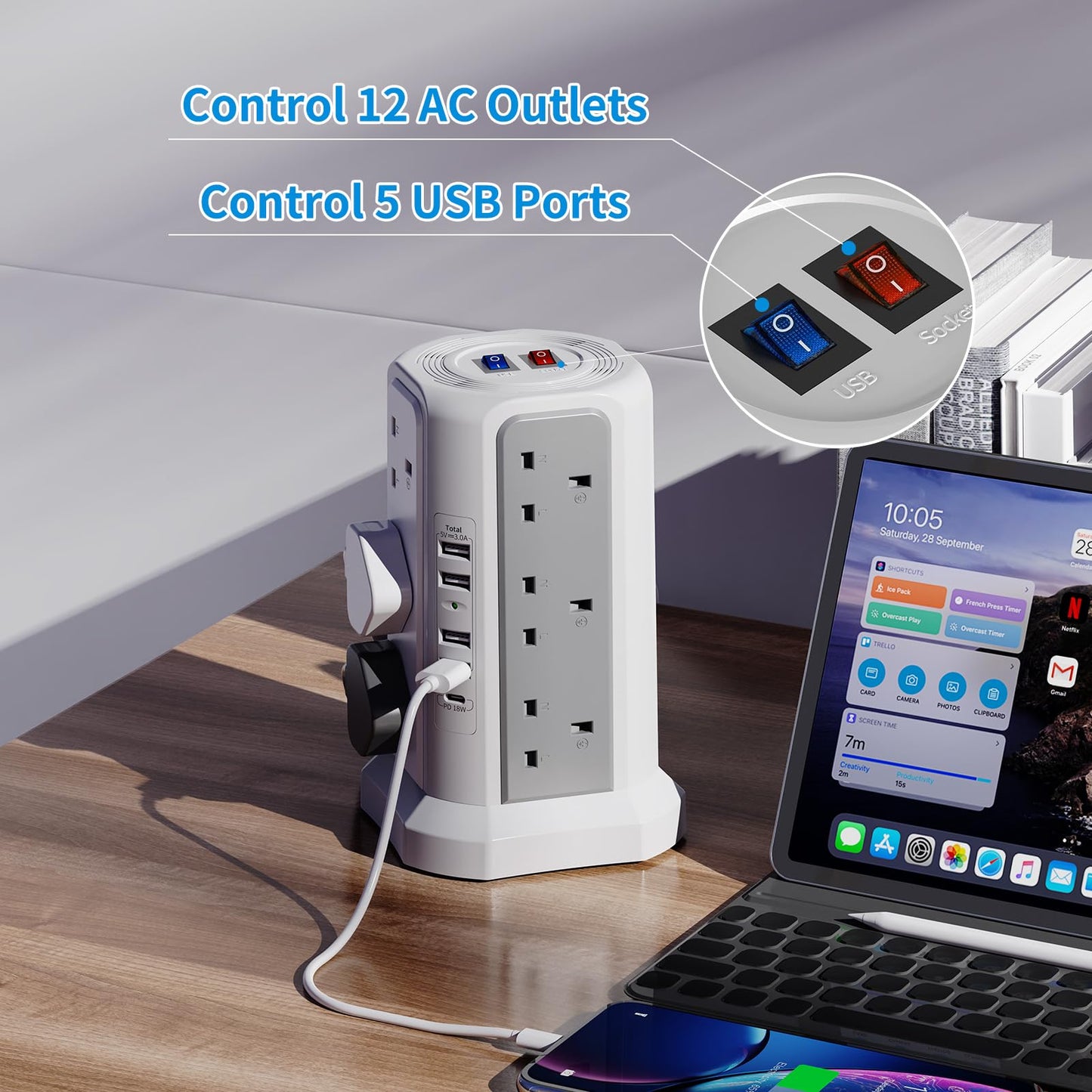 Tower Extension Lead with USB Slots and USB C Fast Charger, (13A 3250W) 5 USB Ports and 12 Way Extension Tower, Extension Cable for Home, Office (Gray and White, 1.8M)